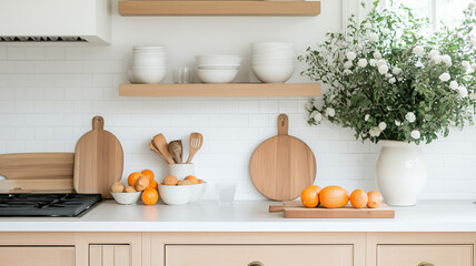 Wall Mural - modern kitchen featuring wooden shelves, white dishes, and fresh oranges. bright space is enhanced by greenery and clean, minimalist design, creating warm and inviting atmosphere