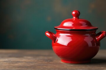 Small red ceramic pot with a decorative handle and lid, handle, centerpiece