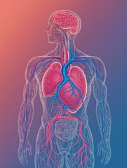Poster - Vivid anatomical representation of the circulatory system featuring veins arteries and heart. Generative AI