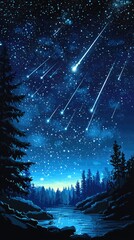 Wall Mural - Night sky with shooting stars over a serene forest and a calm river in a dark blue tone