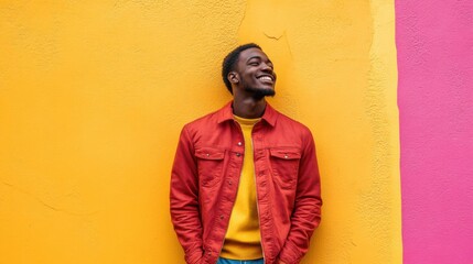 young black smile man in orange jacket and yellow t-shirt stand outdoor of yellow wall background in