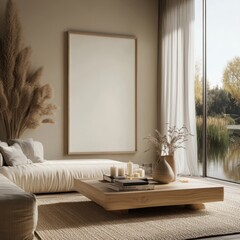 Wall Mural - A living room with a white wall and a large mirror