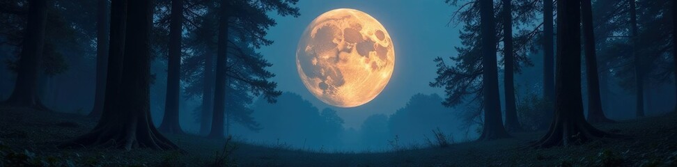 full moon casts an otherworldly glow on trees, forest, mysterious