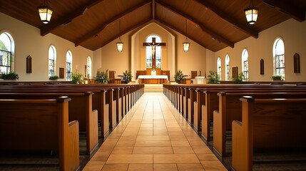 Aufkleber - Interior of a Peaceful Church with Rows of Wooden Pews and Sunlight Glow : Generative AI
