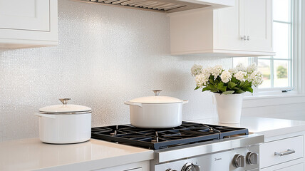 Wall Mural - modern kitchen featuring sleek stove, white cookware, and floral centerpiece. bright space is enhanced by stylish backsplash and natural light