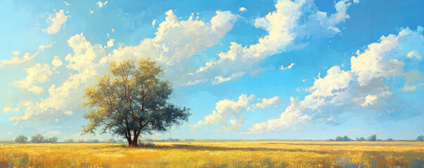 Wall Mural - serene landscape featuring solitary tree under bright blue sky with fluffy clouds