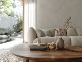 Wall Mural - A coffee table with a vase of flowers and a stack of books