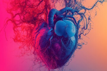 Poster - Vivid anatomical representation of the circulatory system showcasing veins, arteries, and the heart in vibrant colors. Generative AI