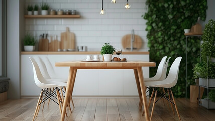 Wall Mural - modern dining area featuring wooden table, white chairs, and greenery. bright kitchen in background adds fresh and inviting atmosphere