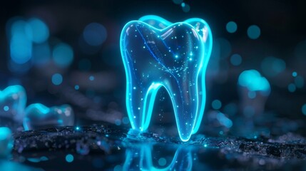Poster - A bright, neon blue tooth with sparkling elements reflects on a dark surface, emphasizing the importance of dental hygiene and technological advancements in dentistry.