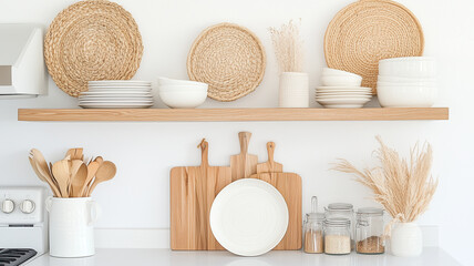 Wall Mural - Minimalist kitchen shelf with woven plates, white dishes, and wooden utensils, creating warm and inviting atmosphere