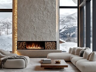 Wall Mural - A living room with a fireplace and a large window