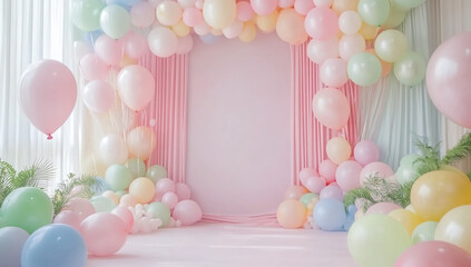 Wall Mural - Picture a room with wooden floors and colorful balloons floating in the air
