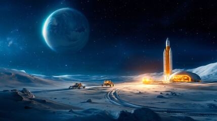 Wall Mural - a rocket is preparing for launch from a lunar base under a starr