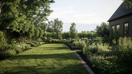 Wall Mural - Serene garden path, country house, lush greenery, evening light, landscape design