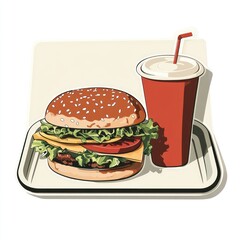 Wall Mural - Burger and soda on a tray. Fast food menu, takeout meal, delivery background