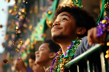 Wall Mural - Joyful african american man enjoying colorful festival parade with beads, Mardi Gras carnival