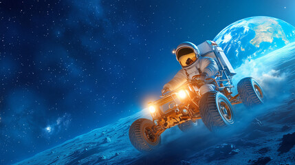 Wall Mural - an astronaut drives an all-terrain vehicle across the moon's sur