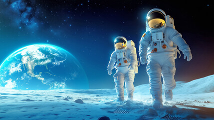Wall Mural - two astronauts traverse the lunar surface, leaving footprints in