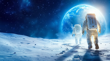 Wall Mural - two astronauts walk across the moon's surface, leaving footprint