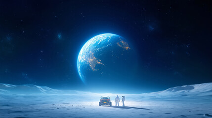 Wall Mural - two astronauts stand near a vehicle on the lunar surface, gazing