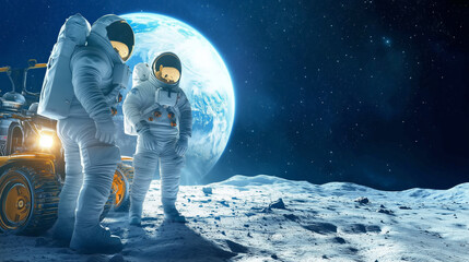 Wall Mural - two astronauts in space suits stand on the lunar surface, examin