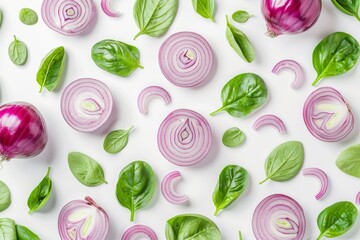 Wall Mural - Vibrant red onion halves surrounded by fresh green leaves on a crisp white background