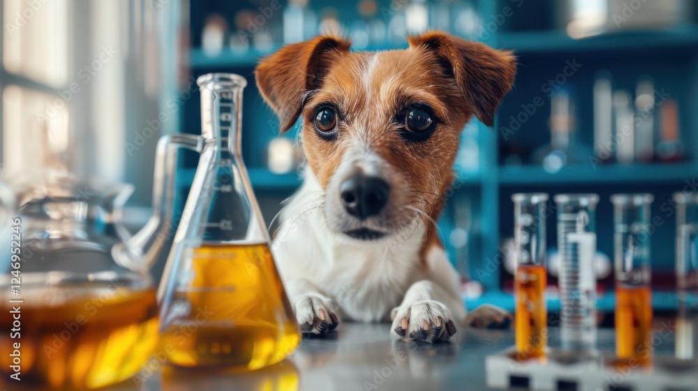 Cartoon dog face with a science beaker, laboratory background with test ...