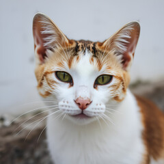 Close-up shot of a white-brown stray cat with a background of a white wall