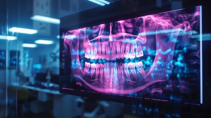 Fototapete - A detailed dental x ray reveals the structure of the jaw and teeth in a contemporary clinic. Bright colors highlight the dental anatomy, enhancing visibility for analysis and discussion.