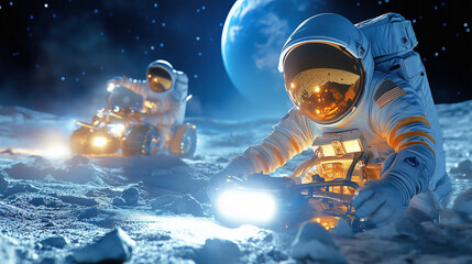 Wall Mural - two astronauts navigate the moon's surface with high-tech vehicl
