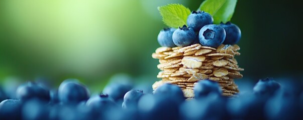 Wall Mural - A stack of oats topped with fresh blueberries and mint leaves, surrounded by scattered blueberries, creating a vibrant and healthy snack.