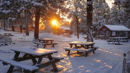 Poster - A peaceful picnic area is blanketed in fresh snow. Wooden tables sit quietly as the sun rises, casting golden light through the trees in a tranquil outdoor environment.