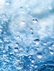Poster - Crystal Clear Water Droplets Splashing into Air with Blurred Blue Background : Generative AI