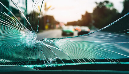 Cracked automobile glass. Smashed car window. Transport, traffic, car accident. Blurred cityscape.