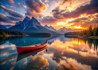 Wall Mural - Serene Sunset: Canoe on Calm Lake, Mountain Panorama