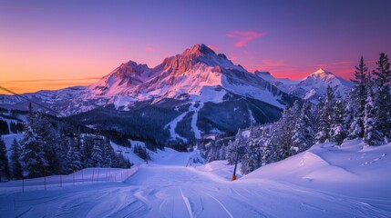 Poster - Snow covered slopes and evergreen trees create a picturesque winter wonderland at sunset, highlighting the rugged peaks in the background with vibrant colors.