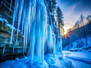 Wall Mural - Serene Winter Landscape: Icicles in Cool Blue Hues - Stock Photo