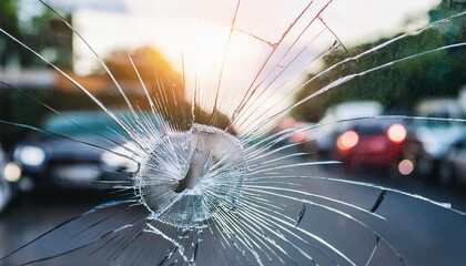 Cracked automobile glass. Smashed car window. Transport, traffic, car accident. Blurred cityscape.