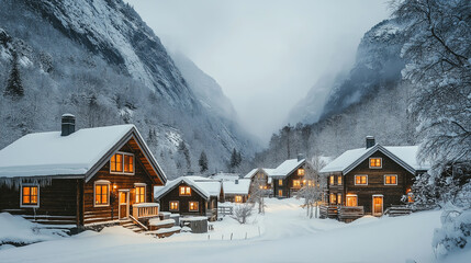 Sticker - A mountain village during winter, with charming wooden houses and warm glowing windows