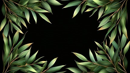 Poster - Botanical Frame with Green Leaves Ornament on Black Background Decorative Design Element Minimalist Style.