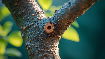 close-up tree branch, sunlight, garden, leaves. nature texture