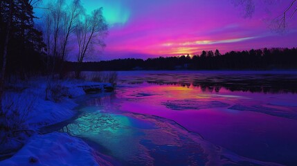 Wall Mural - A frozen lake reflecting the colors of the Northern Lights