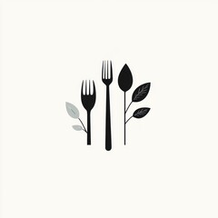 Wall Mural - Dining with nature fork, spoon, and leaves for healthy eating & food blog art