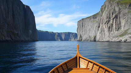 Wall Mural - A fjord landscape with dramatic cliffs, deep blue waters, and a Viking-style wooden boat.