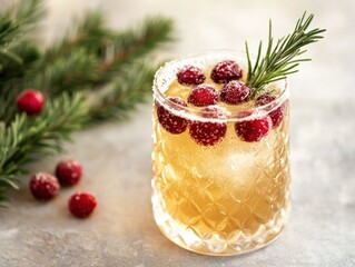 Wall Mural - A glass of cranberry juice with a garnish of cranberries and rosemary. The cranberries are scattered around the rim of the glass, and the rosemary is placed on top of the cranberries