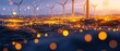 © Alexej - A breathtaking vision of renewable energy and sustainability, featuring futuristic 3D wind turbines crafted from golden geometric lines set against a twilight sky