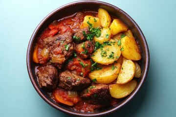 Wall Mural - Hearty beef stew with potatoes in rustic bowl