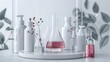 © Niphaphan - Cosmetic podium display featuring glass flask and cylinder equipment in a modern medical science lab background. 3D rendered, professional and clean