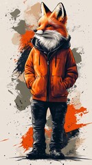 Wall Mural - A cartoon illustration of an anthropomorphized fox wearing an orange jacket and black pants.